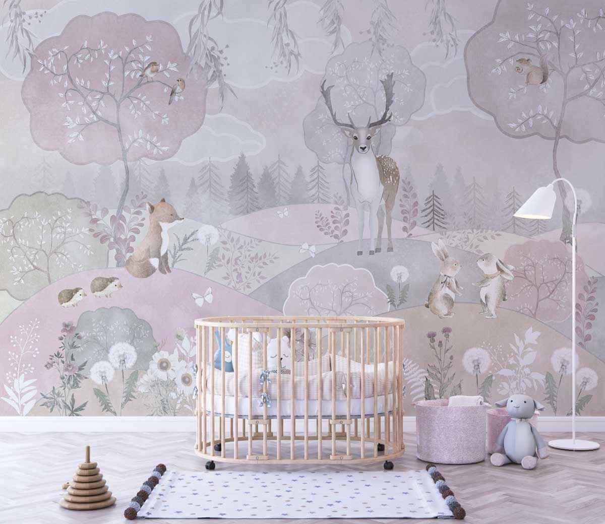 Papier peint forêt rose et gris avec animaux pour chambre bébé, déco murale douce et ludique