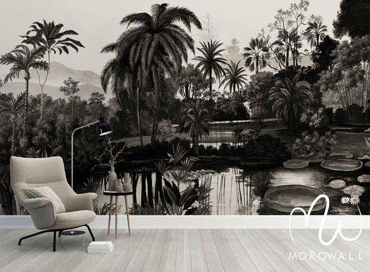 Papier peint panoramique jungle sombre avec palmiers, feuillage luxuriant et étang, déco salon.
