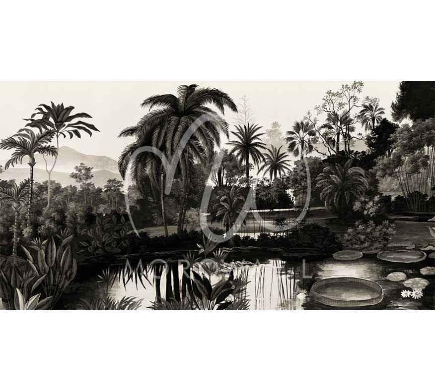 Papier peint jungle sombre avec palmiers, plantes exotiques et étang décoratif