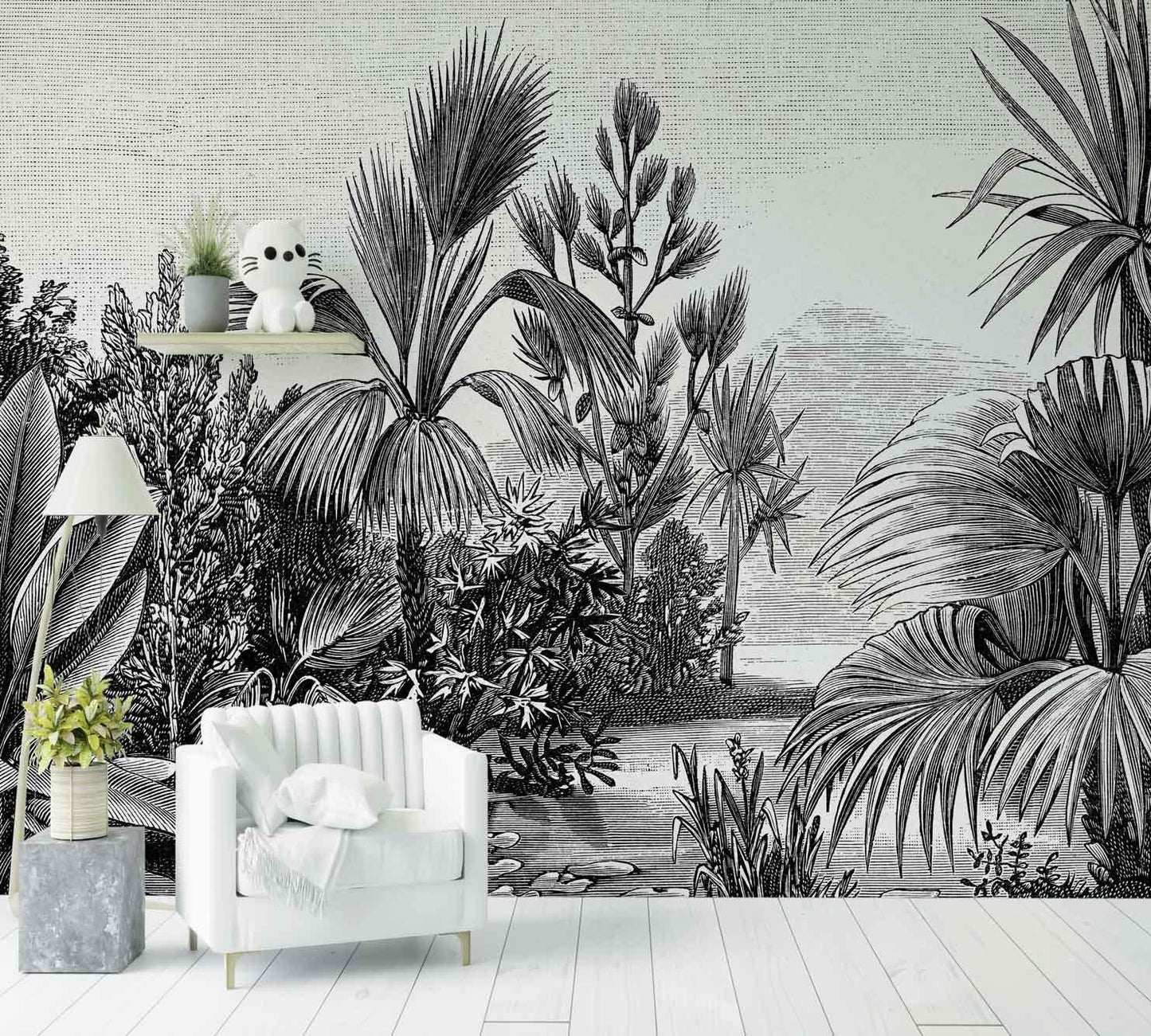 Papier peint nature vintage noir et blanc, décor mural avec feuillages tropicaux dans un salon moderne