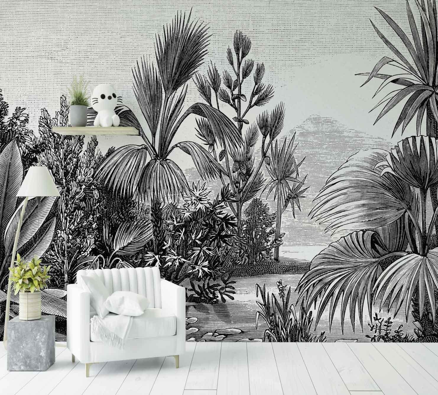 Papier peint nature vintage noir et blanc, décor mural avec feuillages tropicaux dans un salon moderne