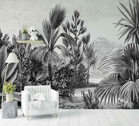 Papier peint nature vintage noir et blanc, décor mural avec feuillages tropicaux dans un salon moderne