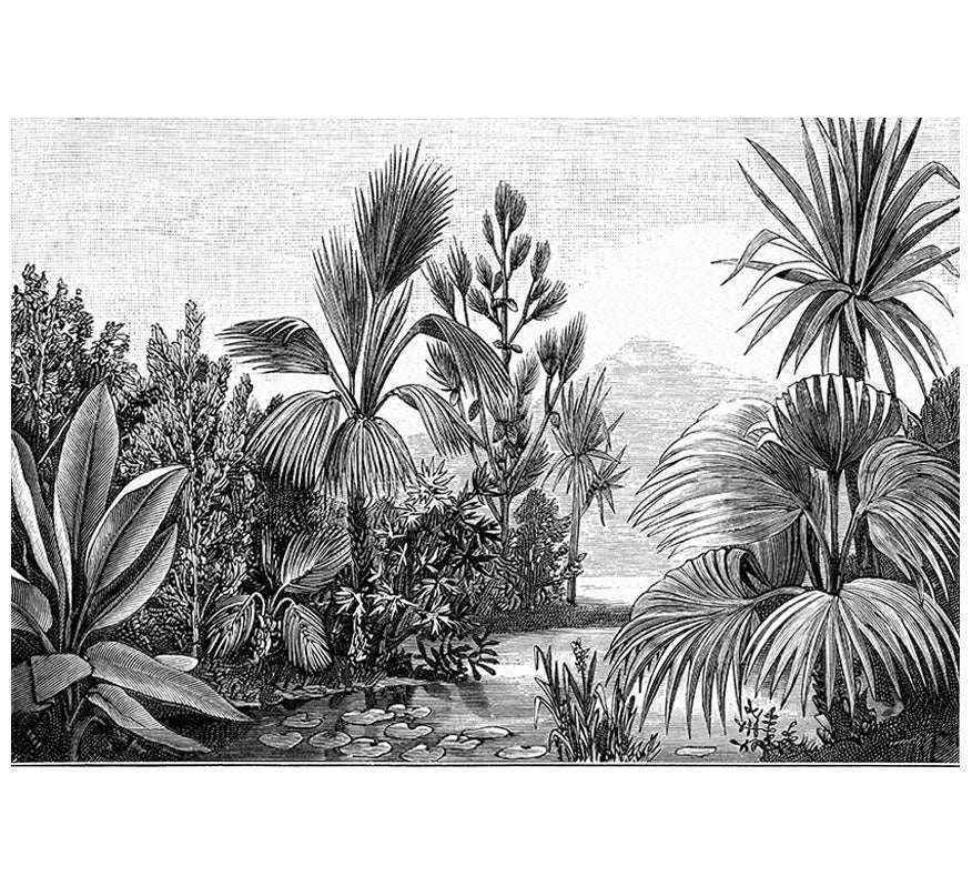 Papier peint vintage noir et blanc avec paysages de nature luxuriante et plantes exotiques.