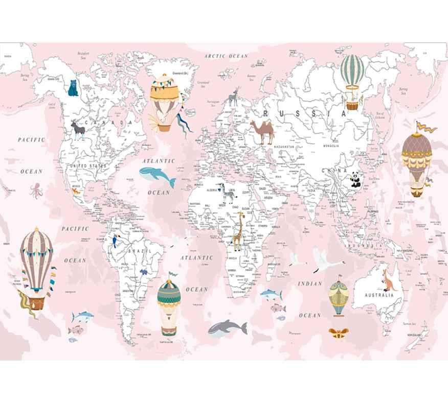 Papier peint carte du monde rose avec animaux et montgolfières déco chambre enfant