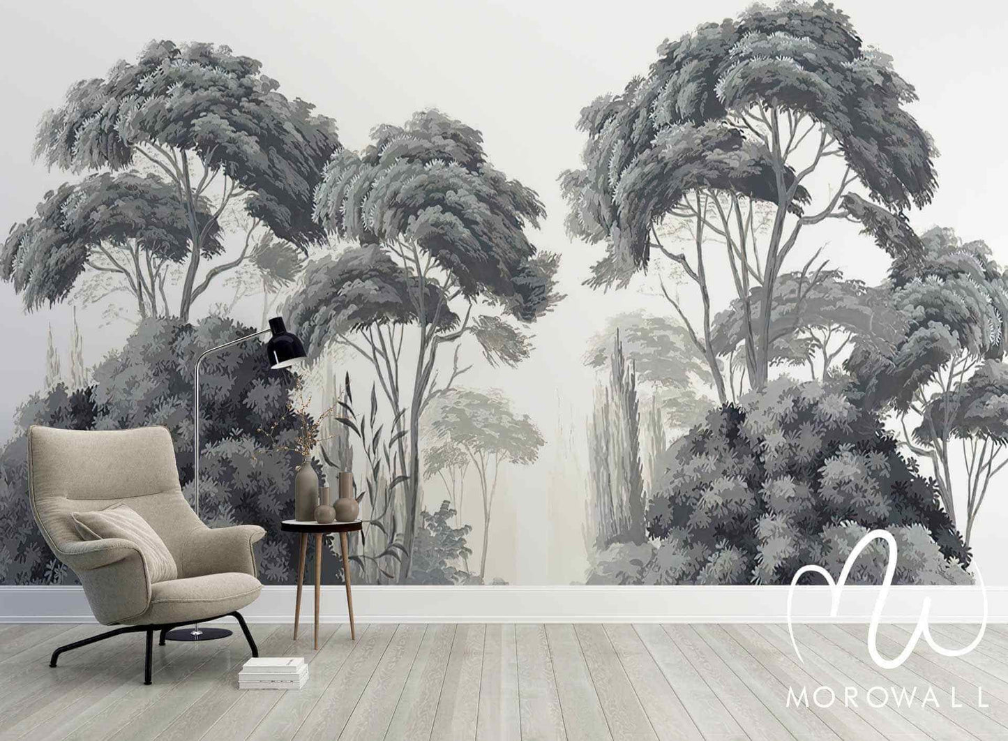 Papier peint panoramique forêt grise, arbres stylisés, déco murale salon moderne