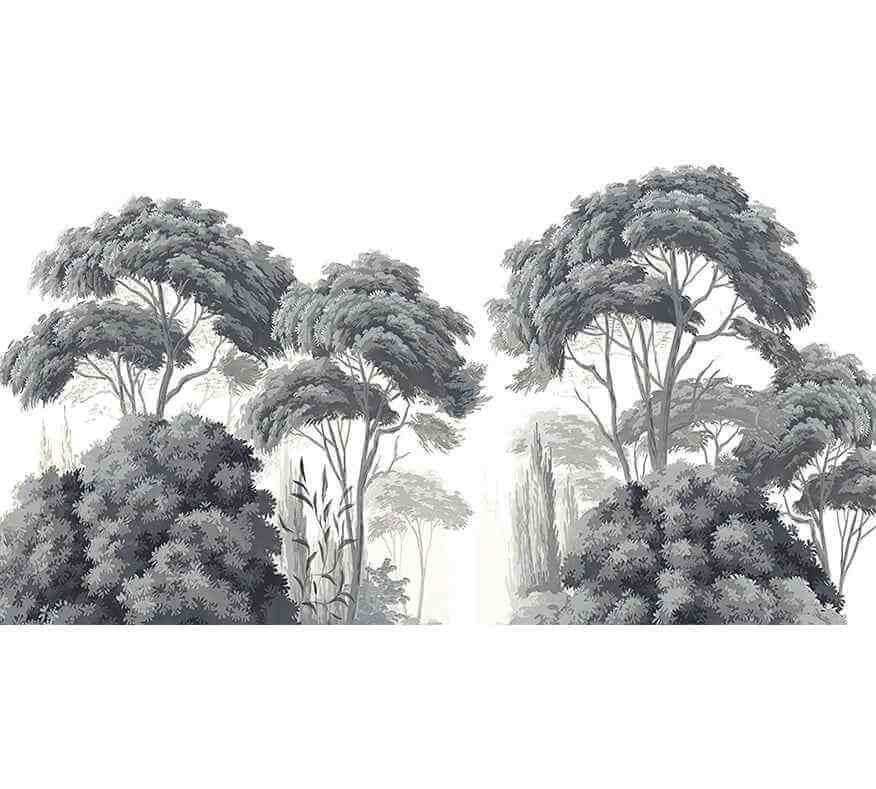 Papier peint forêt grise avec grands arbres et feuillage, décor mural moderne et élégant