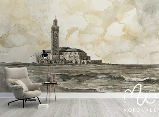 Papier peint mural illustrant la mosquée Hassan II au bord de la mer, intérieur moderne élégant