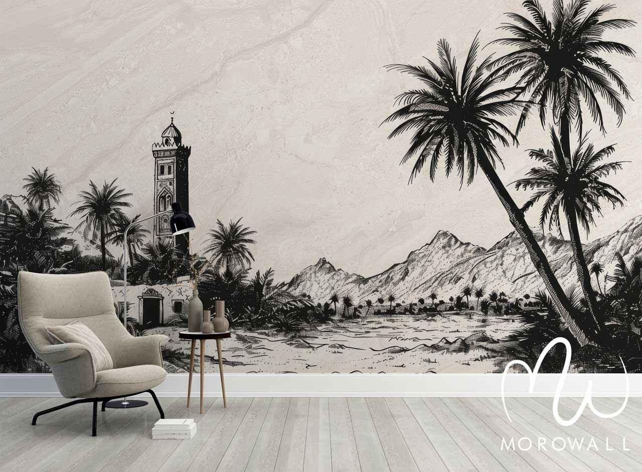 Papier peint décoratif avec paysage marocain, palmiers, montagnes et minaret en noir et blanc