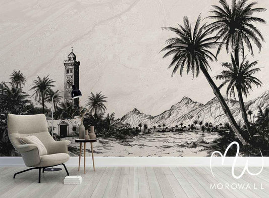 Papier peint décoratif avec paysage marocain, palmiers, montagnes et minaret en noir et blanc