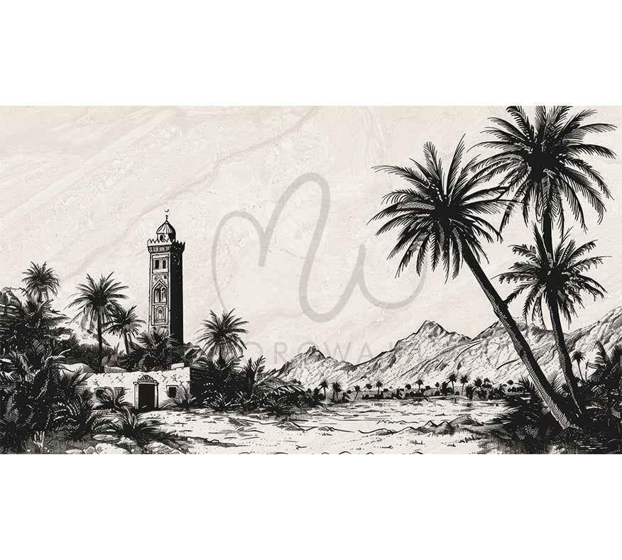 Papier peint paysage marocain avec mosquée, palmiers et montagnes en noir et blanc.
