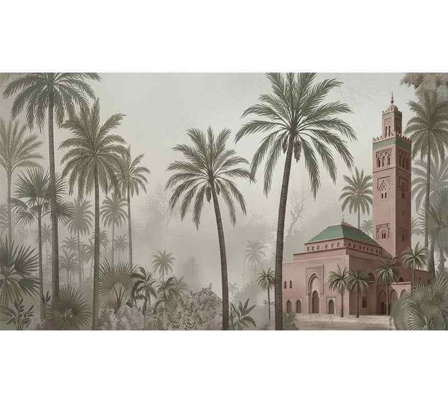 Papier peint avec mosquée marocaine rose et palmiers, style oriental décoratif