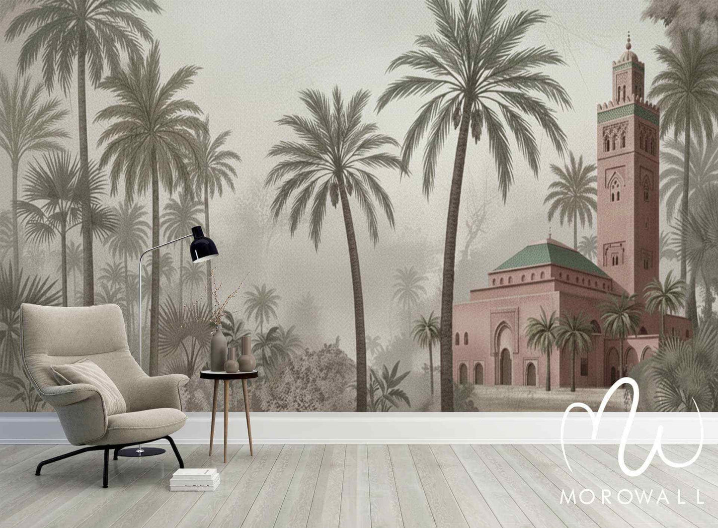 Papier peint décoratif marocain avec mosquée, palmiers et décor oriental pour salon élégant