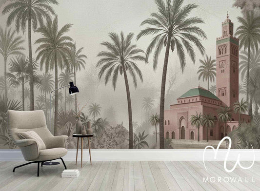 Papier peint décoratif marocain avec mosquée, palmiers et décor oriental pour salon élégant