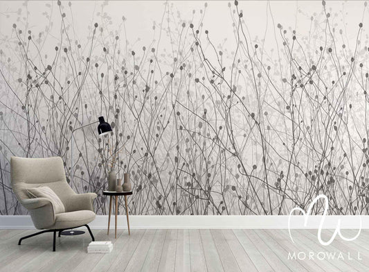 Papier peint chambre design branches fines grises style nature pour décoration murale moderne