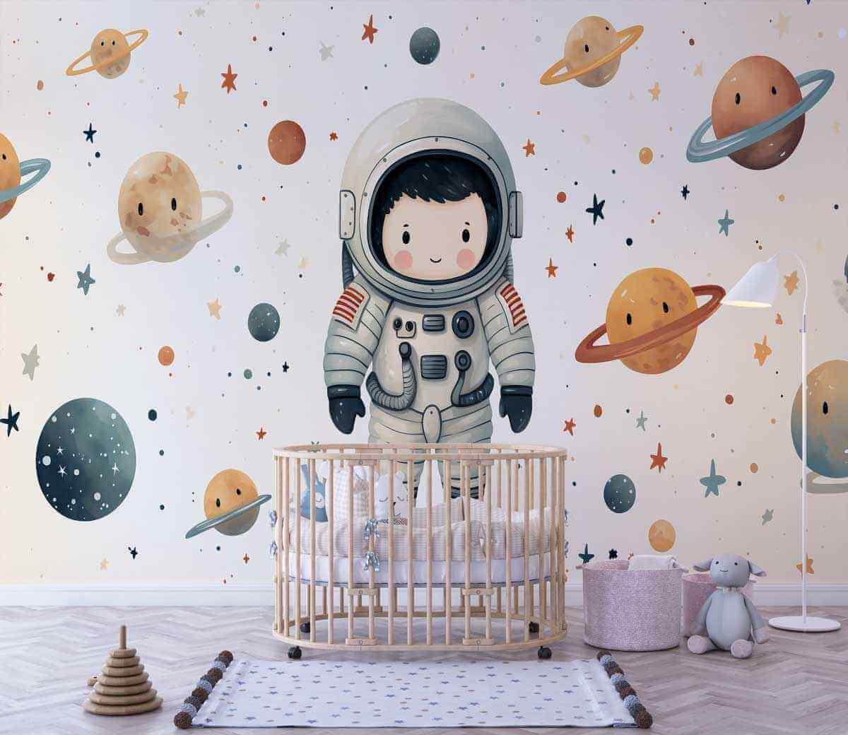 Papier peint enfant astronaute et planètes pour chambre bébé, décor mural espace ludique