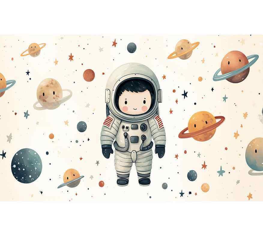 Papier peint enfant avec petit astronaute et planètes colorées, décoration chambre spatiale