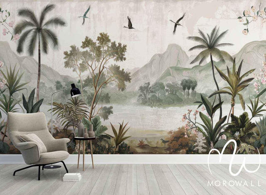 Papier peint panoramique nature tropicale avec palmiers, montagnes, oiseaux et décor de salon moderne