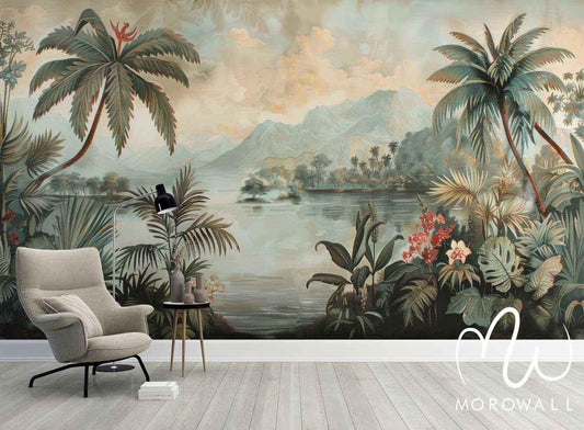 Papier peint panoramique salon paysage exotique, palmiers, fleurs et lac, décoration murale.