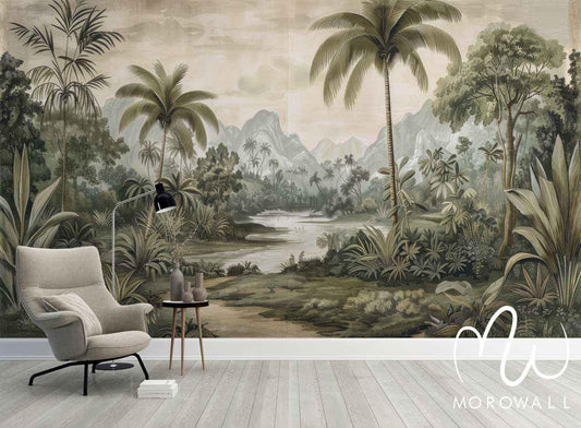 Papier peint panoramique paysage tropical, palmiers, jungle et montagnes dans un salon moderne