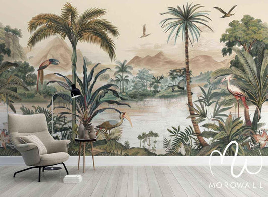 Papier peint panoramique jungle exotique avec oiseaux tropicaux, palmiers et rivière, décor mural salon.
