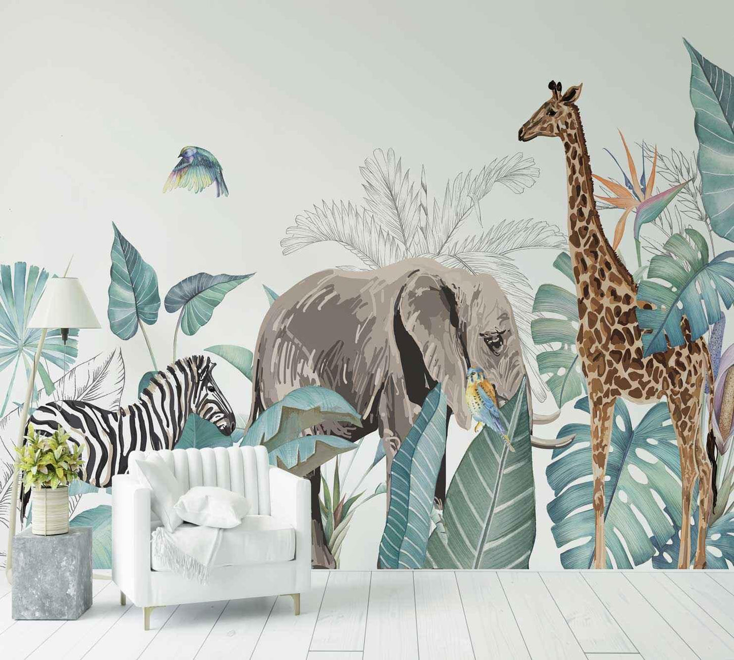 Papier peint jungle avec éléphant, girafe, zèbre et feuillage exotique, déco salon