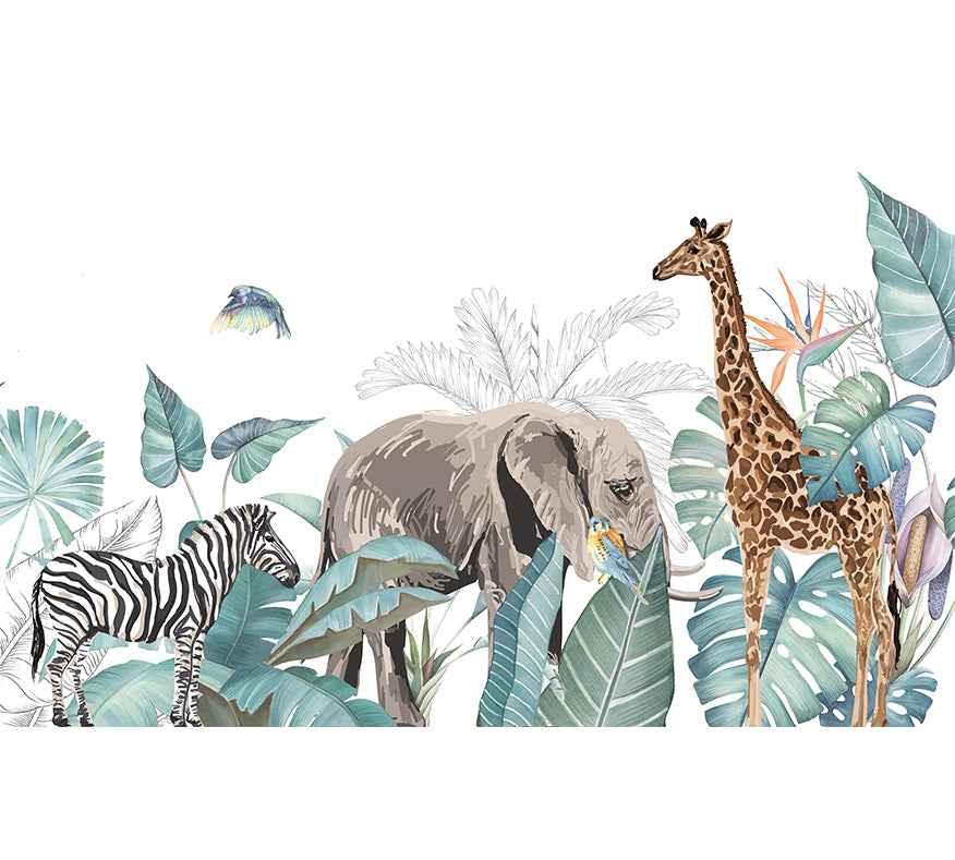 Papier peint jungle avec zèbre, éléphant, girafe et feuillage exotique, ambiance safari.