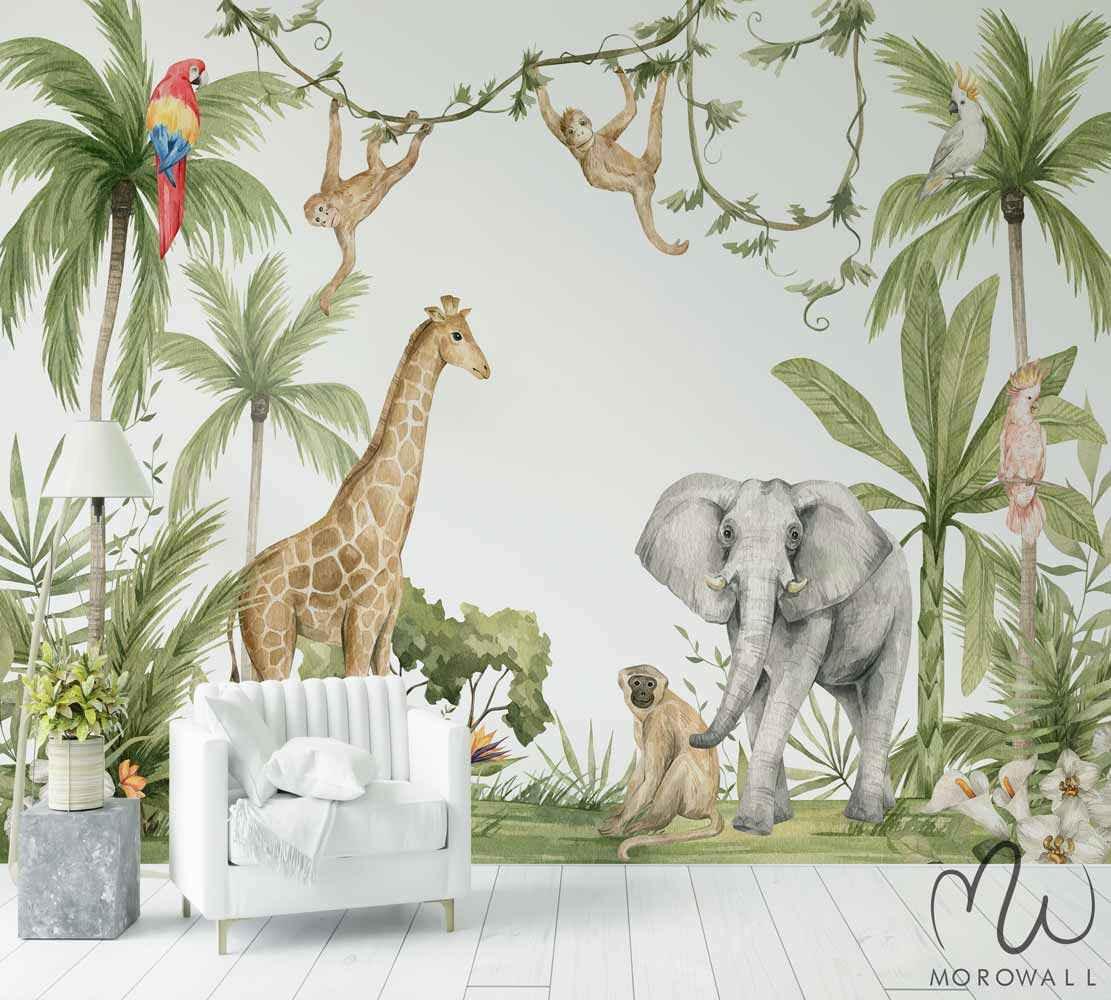 Papier peint jungle avec girafe, éléphant, singes, perroquet et plantes exotiques