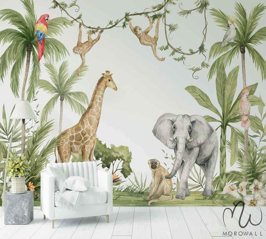 Papier peint jungle avec girafe, éléphant, singes, perroquet et plantes exotiques
