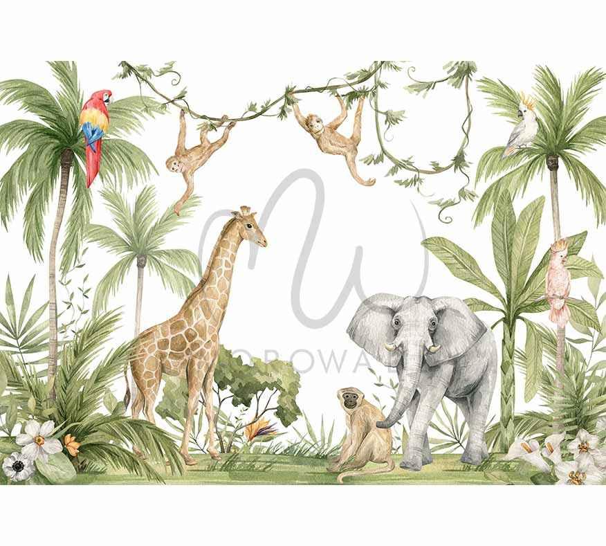 Papier peint jungle avec girafe, éléphant, singes, perroquets et palmiers décoratifs.