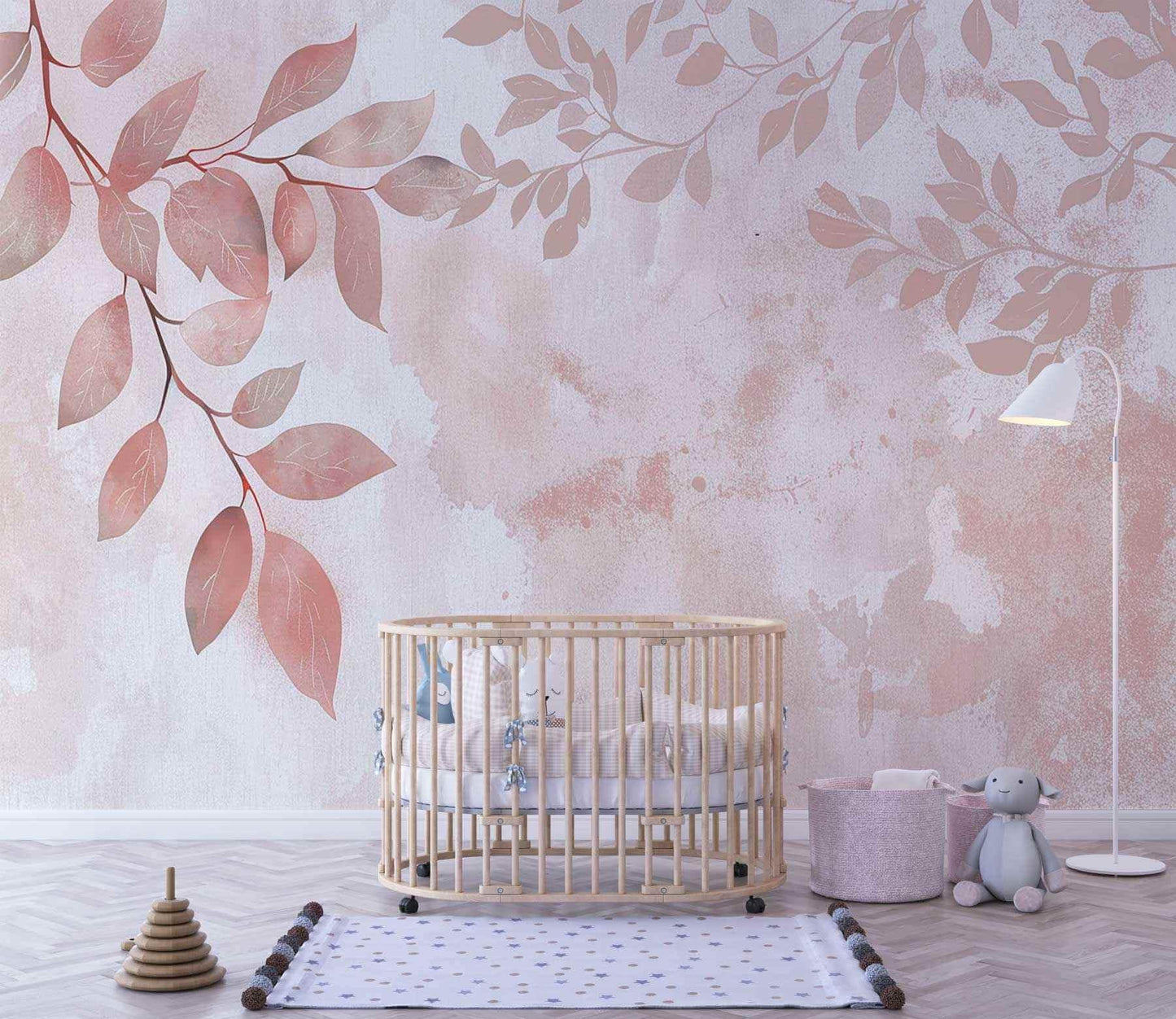 Papier peint feuilles roses pour chambre bébé, décor mural floral, ambiance douce et pastel