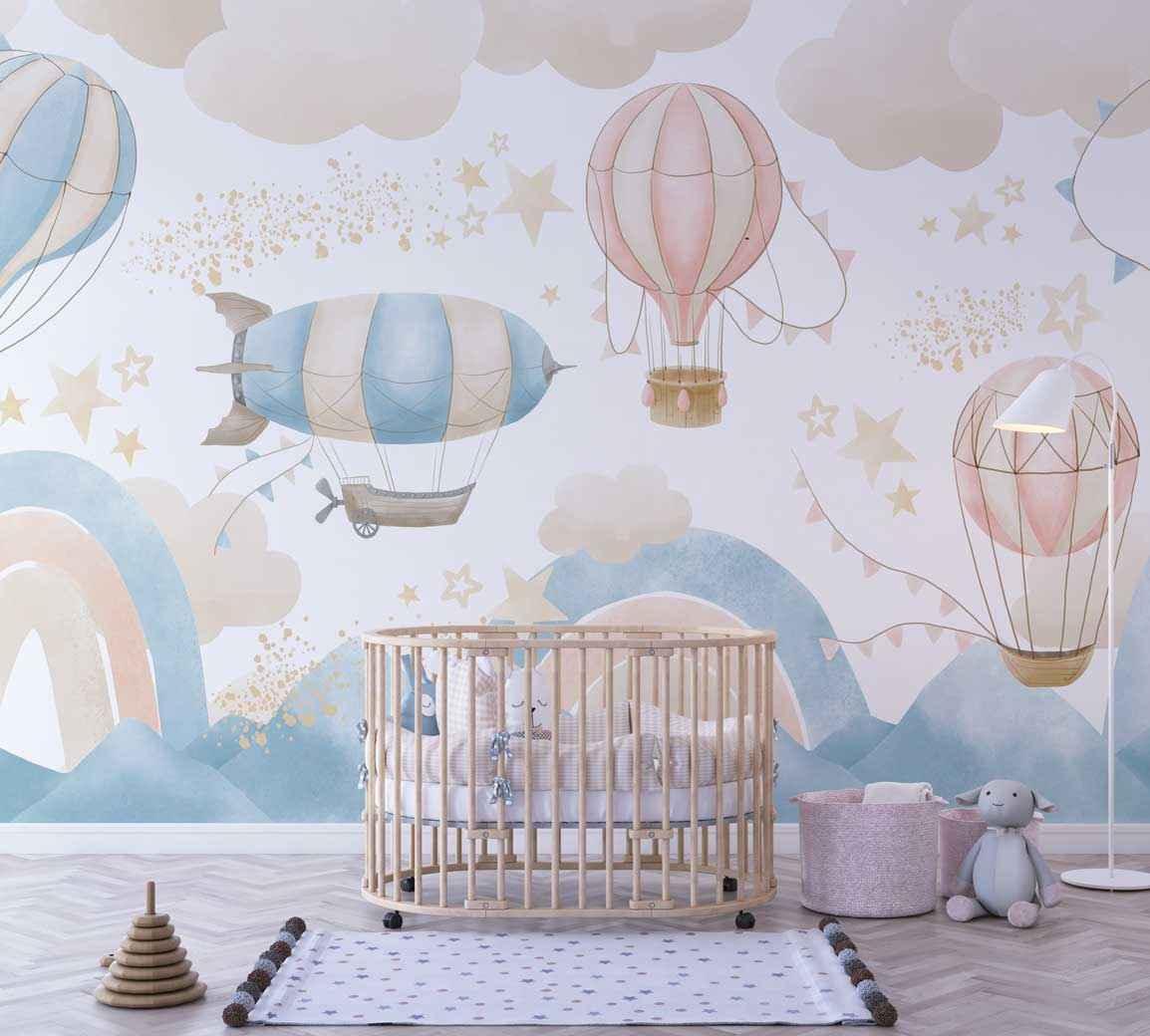 Papier peint pastel montgolfières et nuages décoratif pour chambre bébé, ambiance douce