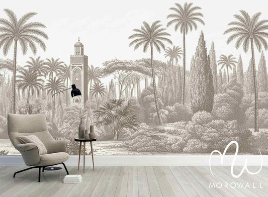 Papier peint panoramique avec palmiers et mosquée, décor mural élégant pour salon.