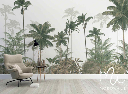 Papier peint salon motif palmiers exotiques fond blanc, déco murale tendance