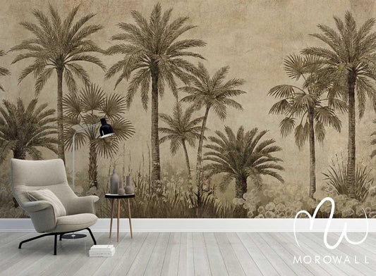 Papier peint vintage palmiers, décor mural beige pour salon élégant et moderne