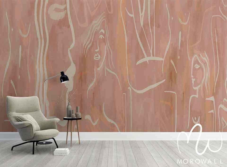 Papier peint terracotta line art avec silhouettes féminines, décor mural moderne pour salon