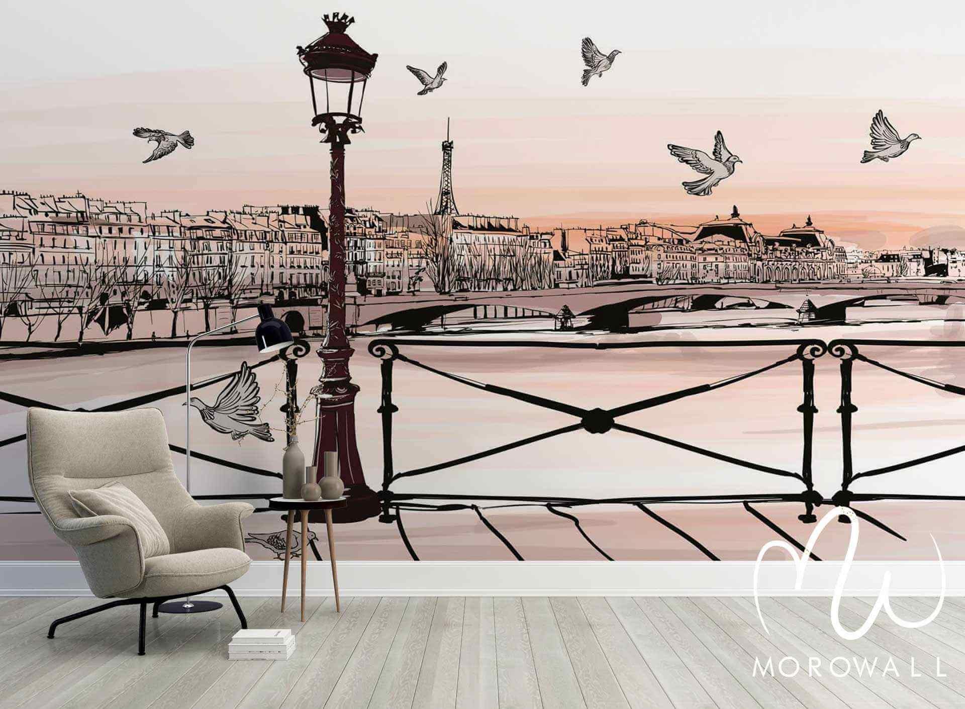 Papier peint panoramique Paris, vue sur la Tour Eiffel, lampadaire, pont et oiseaux décoratifs