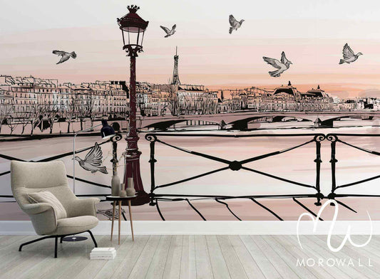 Papier peint panoramique Paris, vue sur la Tour Eiffel, lampadaire, pont et oiseaux décoratifs