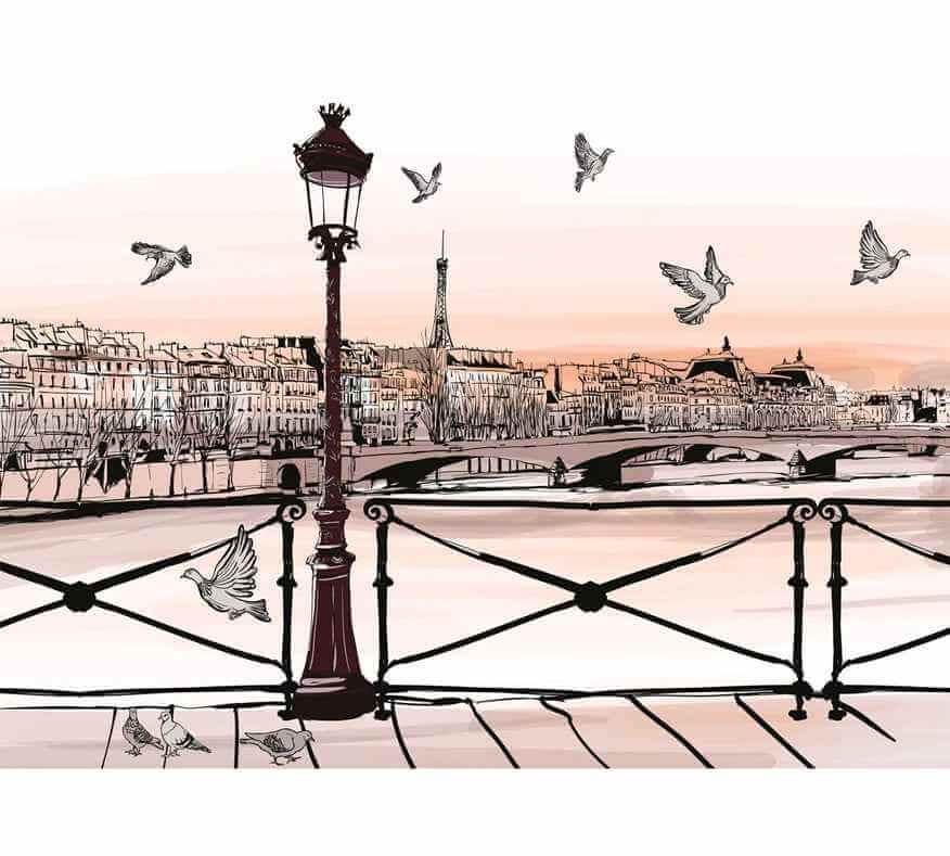 Illustration de Paris avec lampadaire, pigeons, pont et vue sur la tour Eiffel au coucher du soleil.