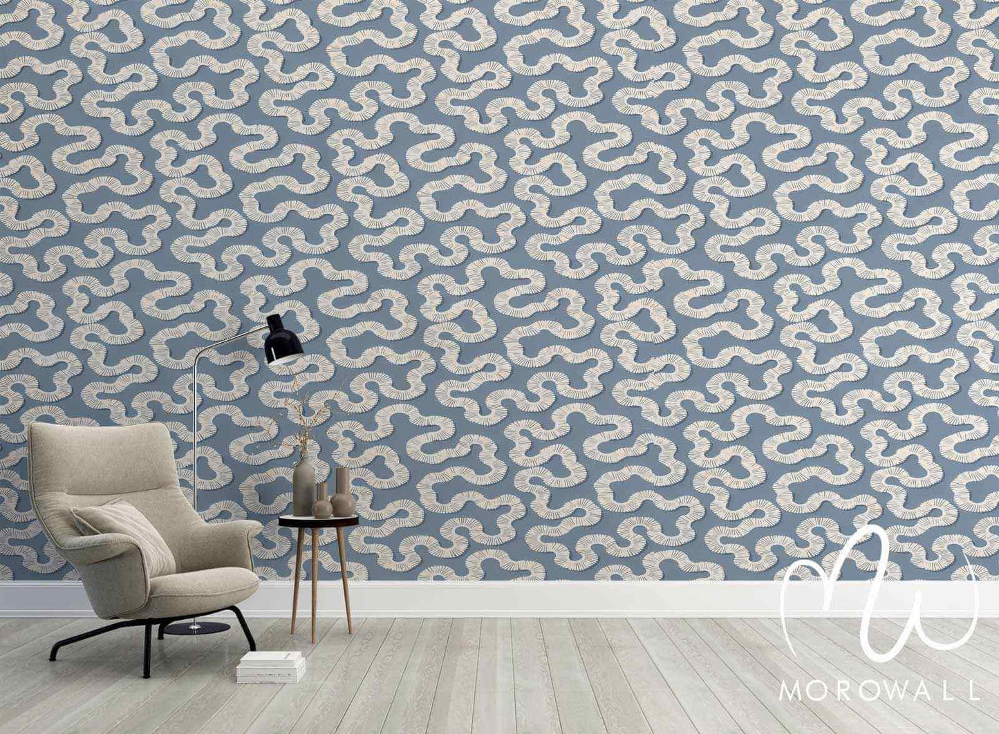 Papier peint design bleu à motifs géométriques ondulés, décor moderne de salon élégant