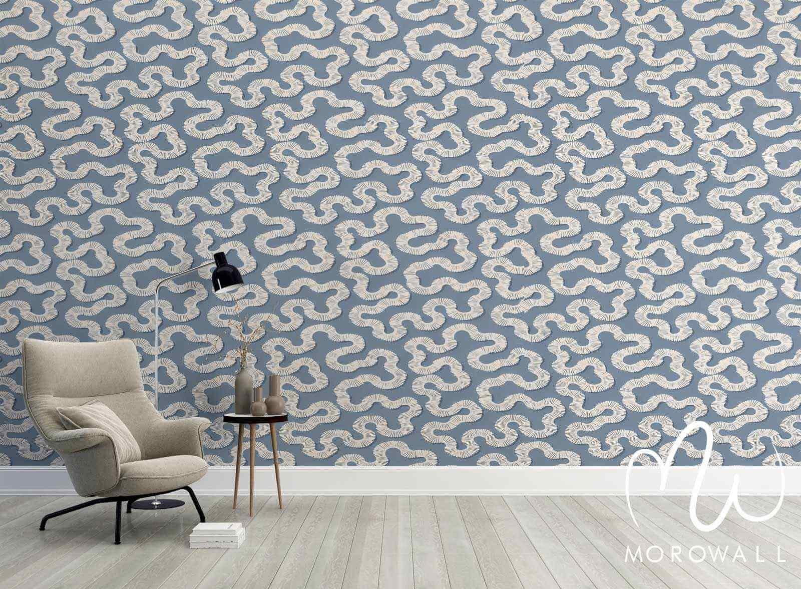 Papier peint design bleu à motifs géométriques ondulés, décor moderne de salon élégant