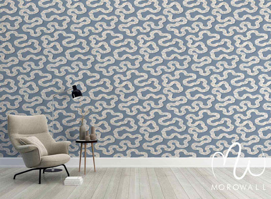 Papier peint design bleu à motifs géométriques ondulés, décor moderne de salon élégant