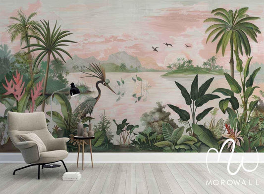 Papier peint paysage tropical rose avec palmiers, oiseaux et plantes exotiques, décor mural salon