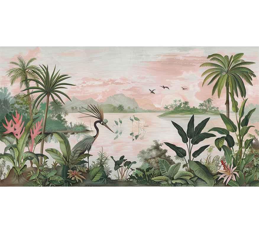 Papier peint paysage exotique rose avec palmiers, oiseaux, végétation luxuriante et lac paisible