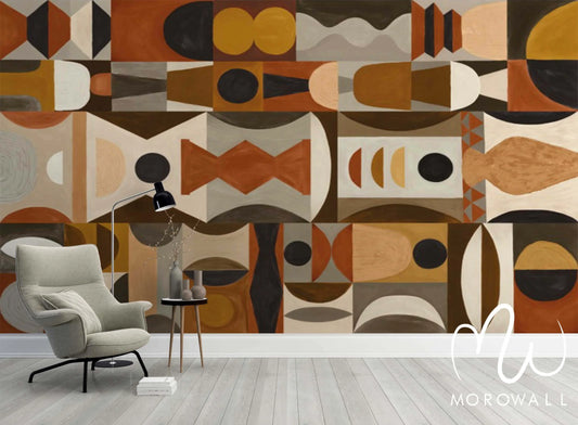 Papier peint géométrique terracotta, salon moderne, motifs abstraits couleurs chaudes