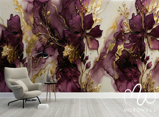 Papier Peint Magenta Flowers and Gold