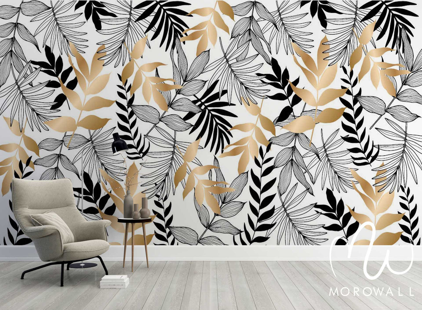 Papier Peint Black White and gold Leaves