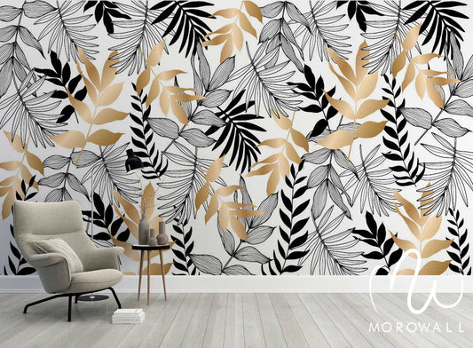 Papier Peint Black White and gold Leaves