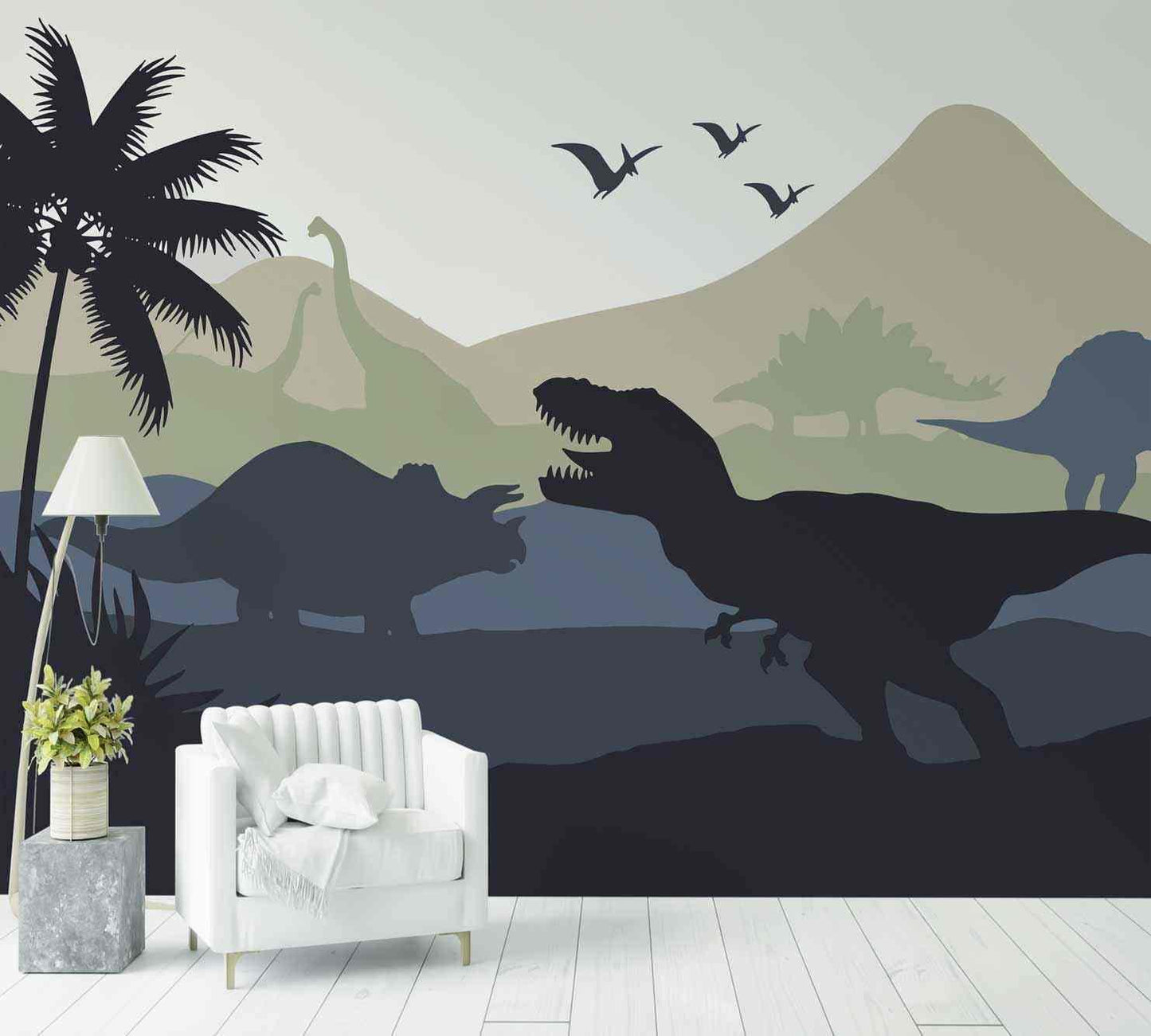 Papier peint dinosaure design pour chambre d'enfant, silhouettes de dinosaures et palmiers