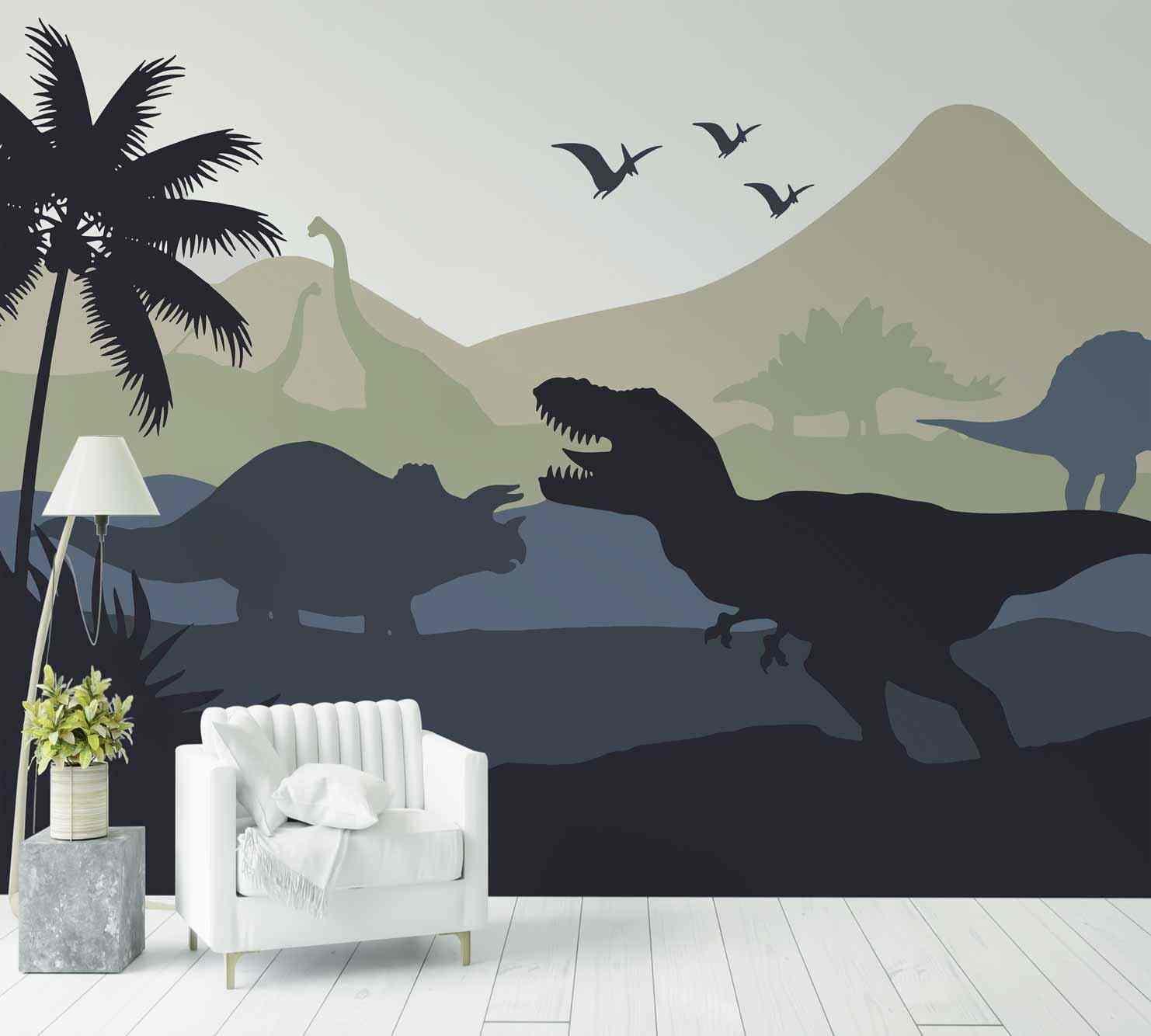 Papier peint dinosaure design pour chambre d'enfant, silhouettes de dinosaures et palmiers
