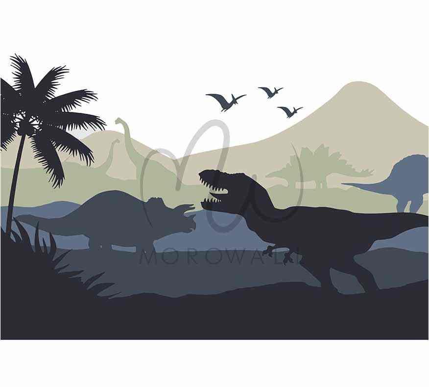 Papier peint dinosaure avec silhouettes de T-Rex, palmiers et montagnes, décor mural enfant